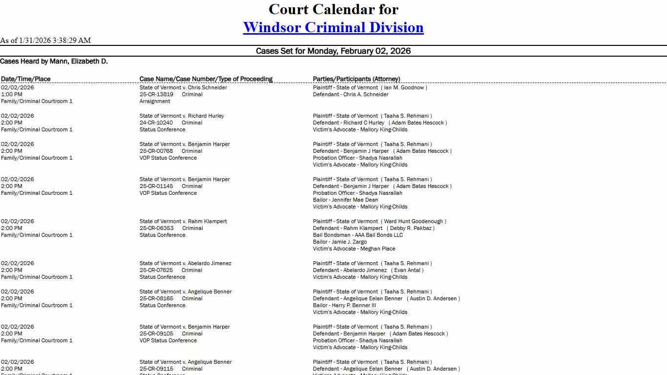 Windsor Criminal Division Calendar